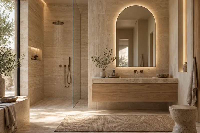 Traverten duvarlı, kemerli aynalı banyo